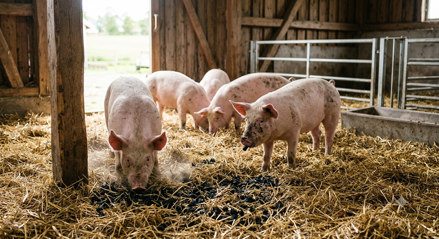 Black pig walks inside farm pen, pig sniffing dirt ground, rural livestock scene. natural farming lifestyle, fence background, agriculture concept